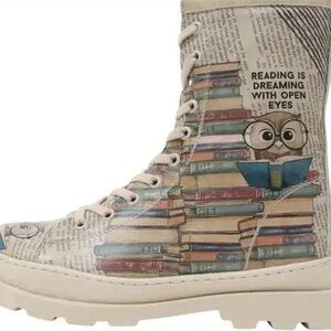 Women's Cream Owl Print Combat Boots
